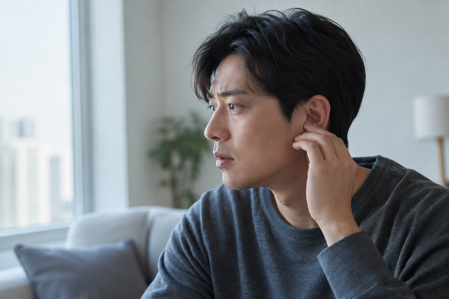 조용한 집에서 귀 주변에 손을 댄 남성의 옆모습