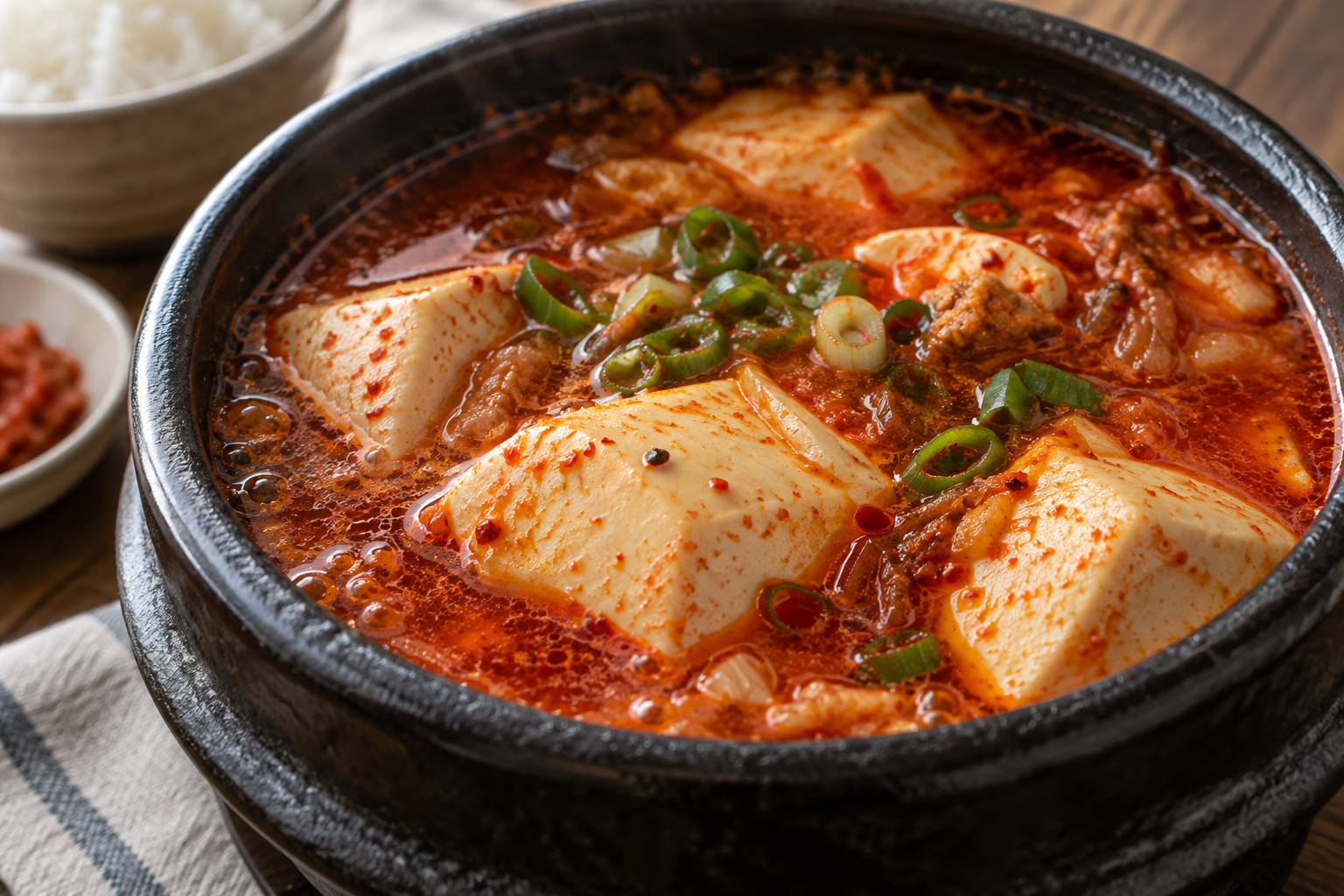 붉은 고추기름과 큼직한 순두부가 보이는 찌개 국물