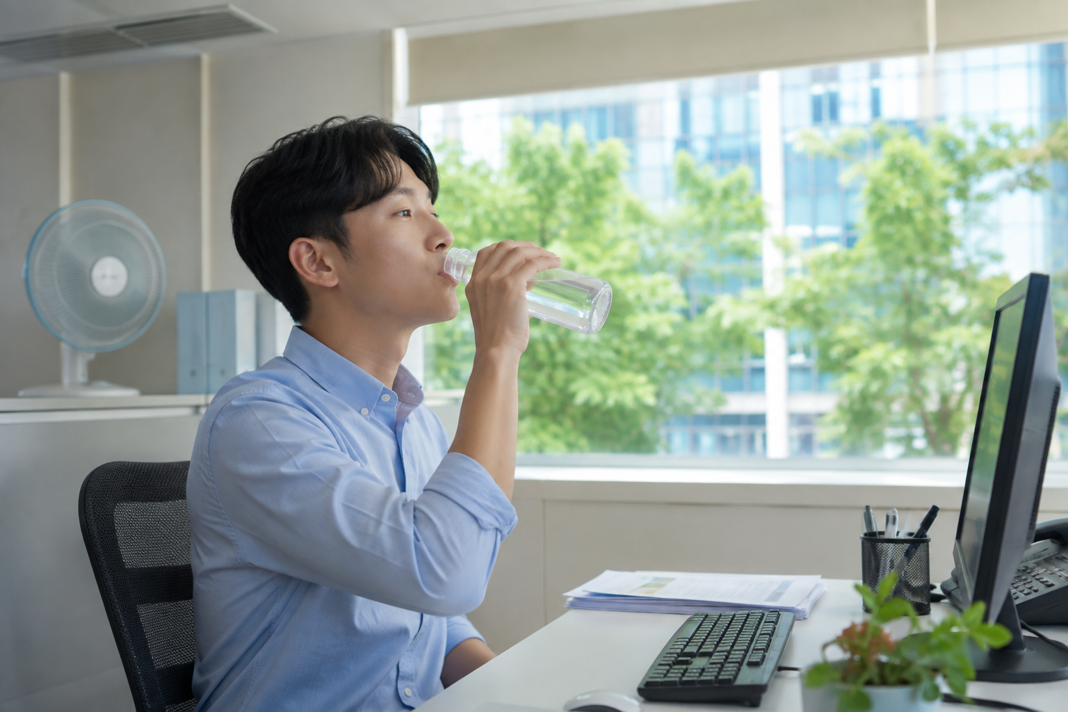 냉방된 사무실에서 물을 마시는 직장인