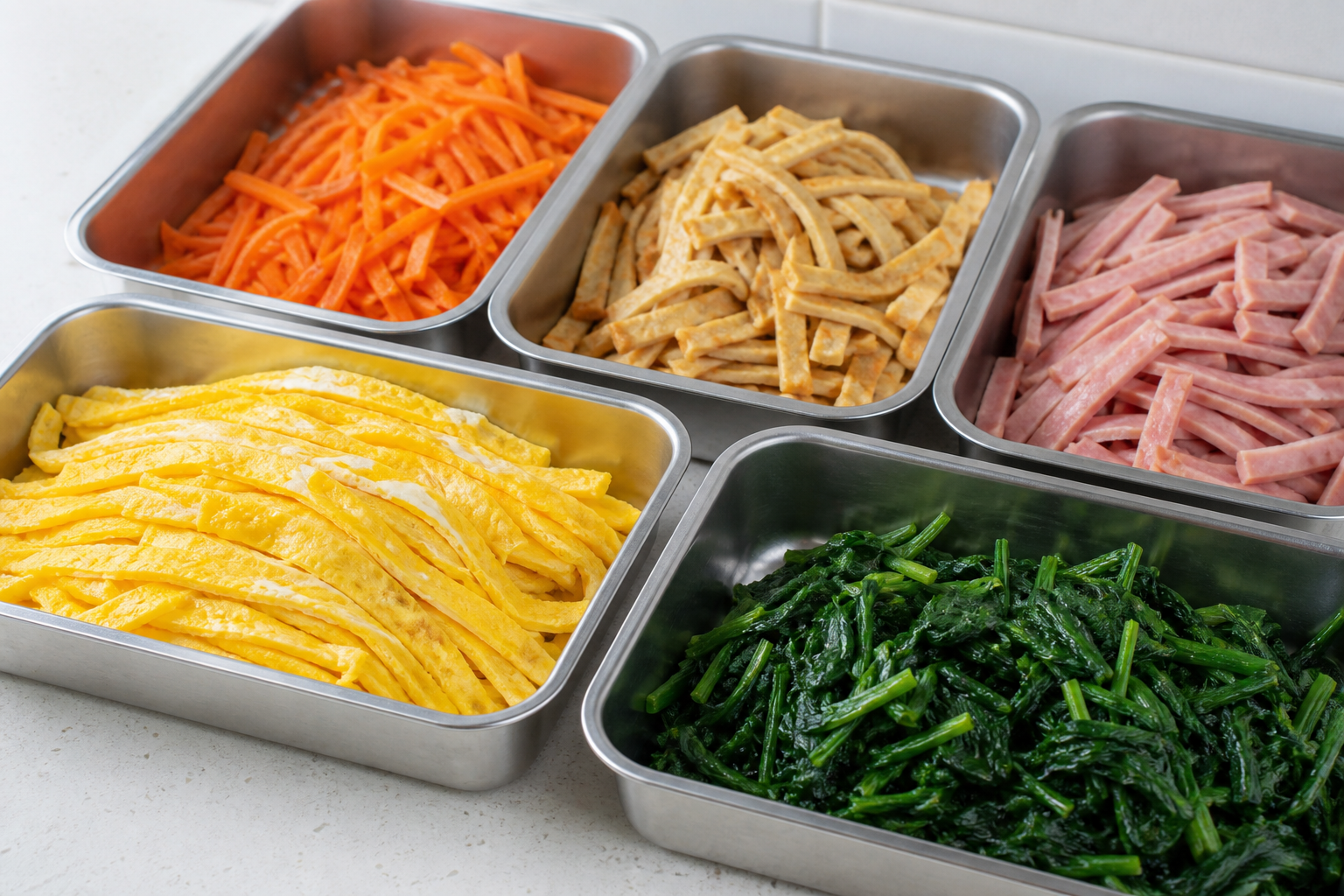 얕은 쟁반에서 식히는 익힌 김밥 재료