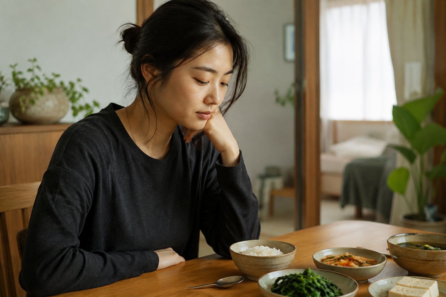 한식 식탁에서 수저를 내려놓고 식사를 잠시 쉬는 여성