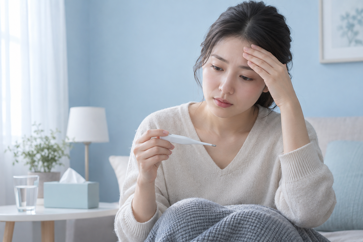 이마에 손을 대고 체온계를 확인하는 여성