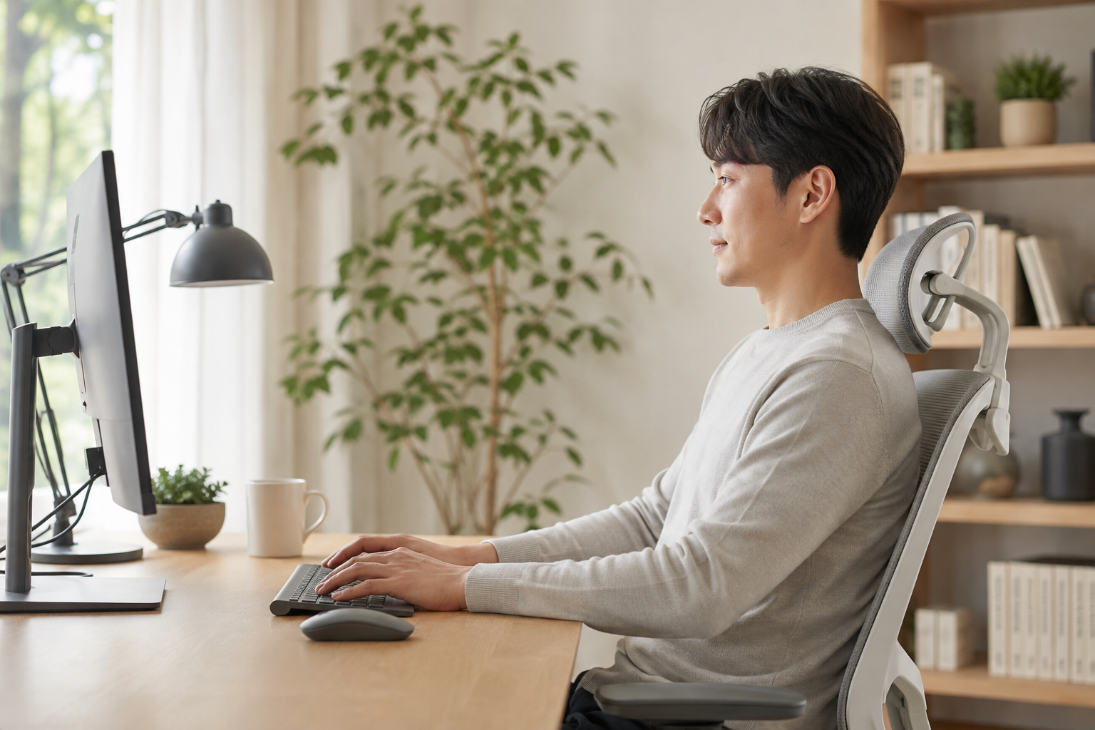 키보드와 마우스를 사용하며 손목 중립 자세를 유지하는 한국인 직장인