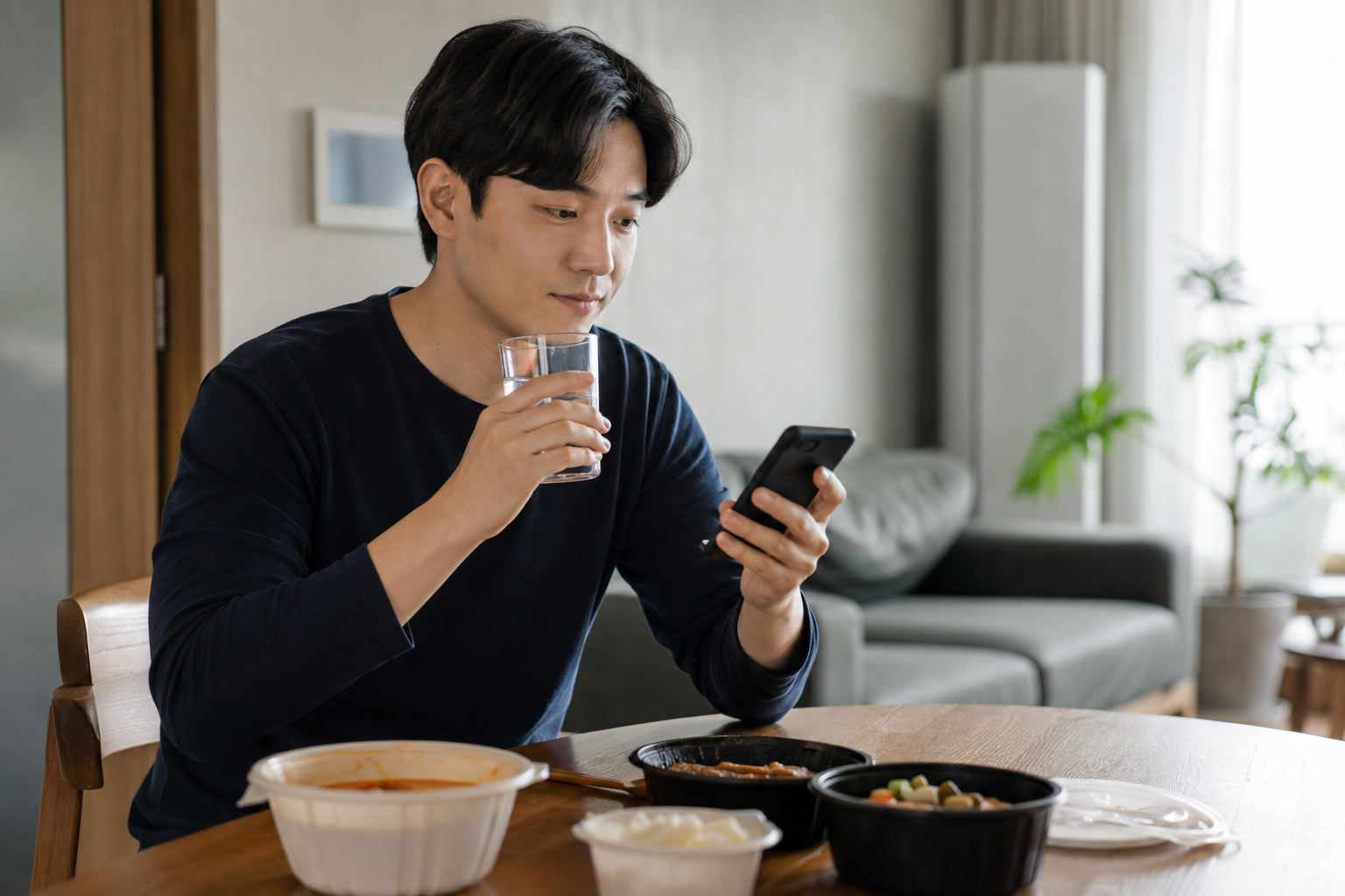 배달 앱을 열기 전 물을 마시며 스마트폰을 확인하는 남성