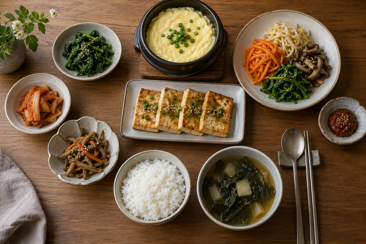 밥과 두부구이, 달걀찜, 채소 반찬으로 구성한 저녁 식탁