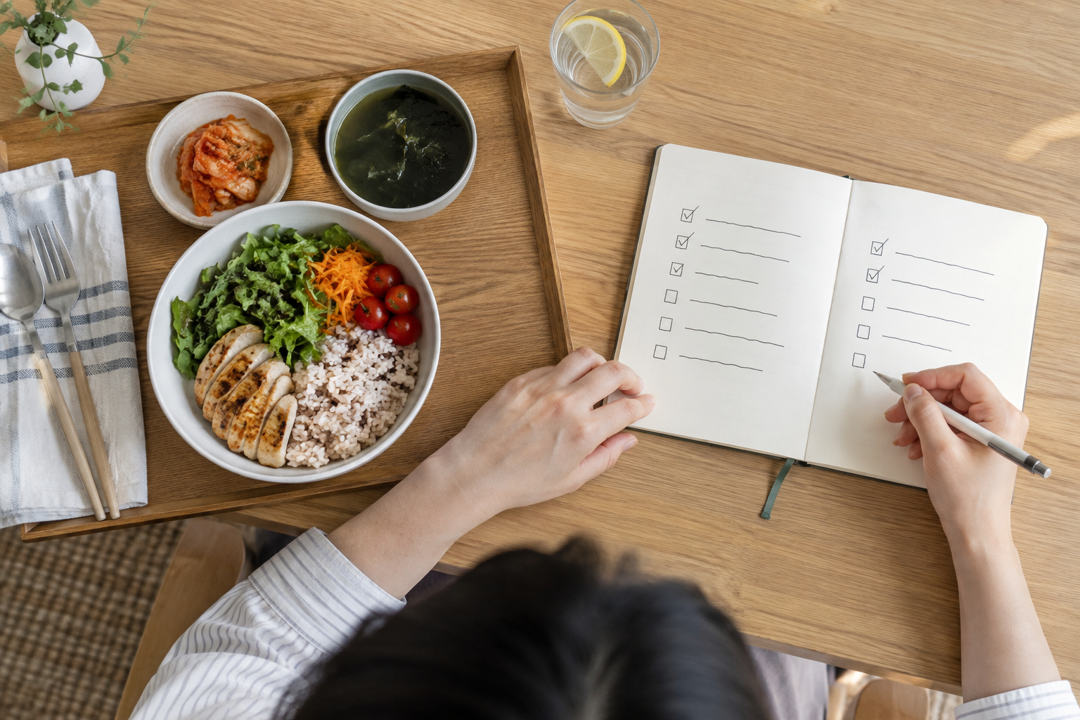 점심 식사 옆에서 식사 기록을 살펴보는 한국인