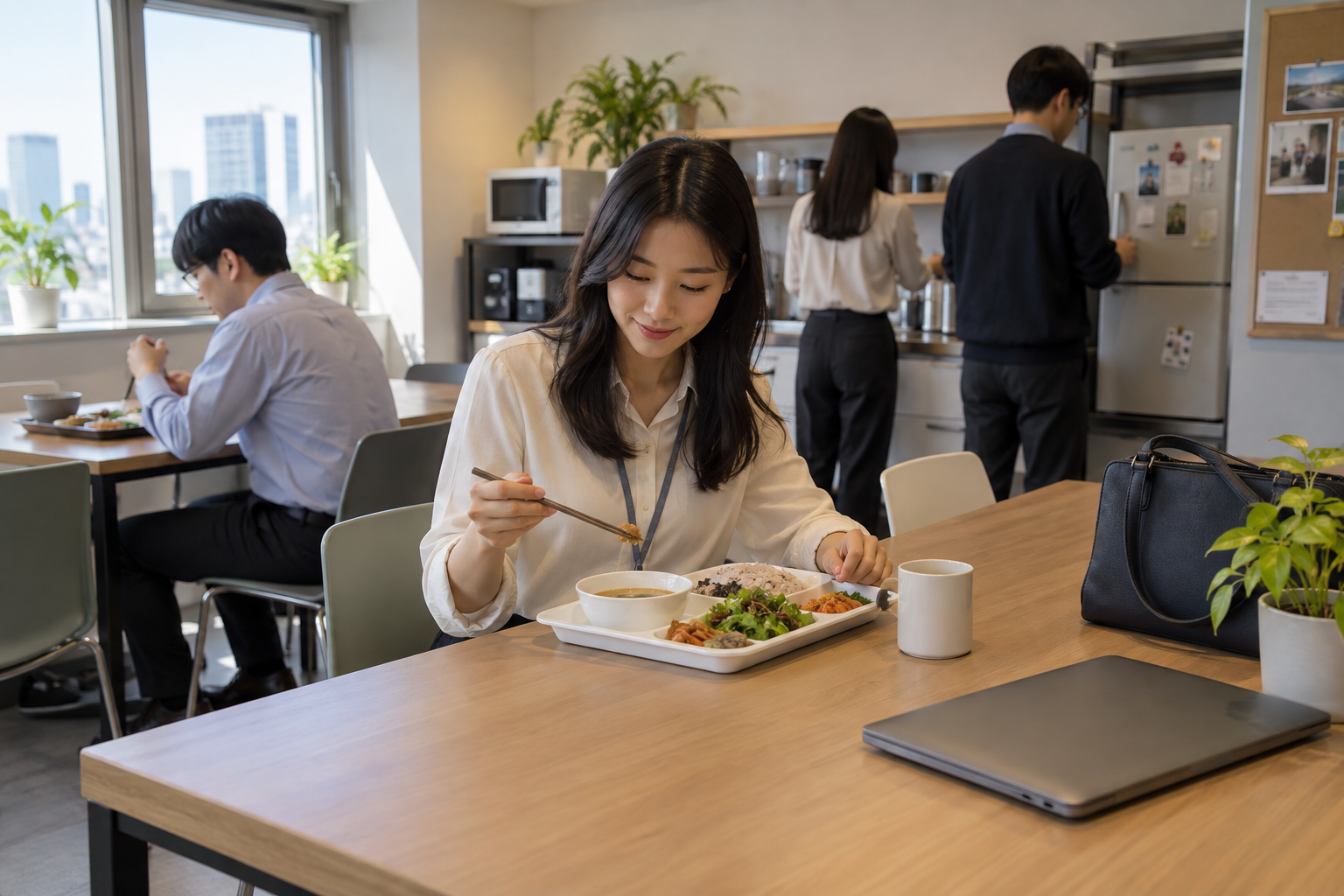 사무실 휴게 공간에서 노트북을 닫아두고 점심을 먹는 직장인