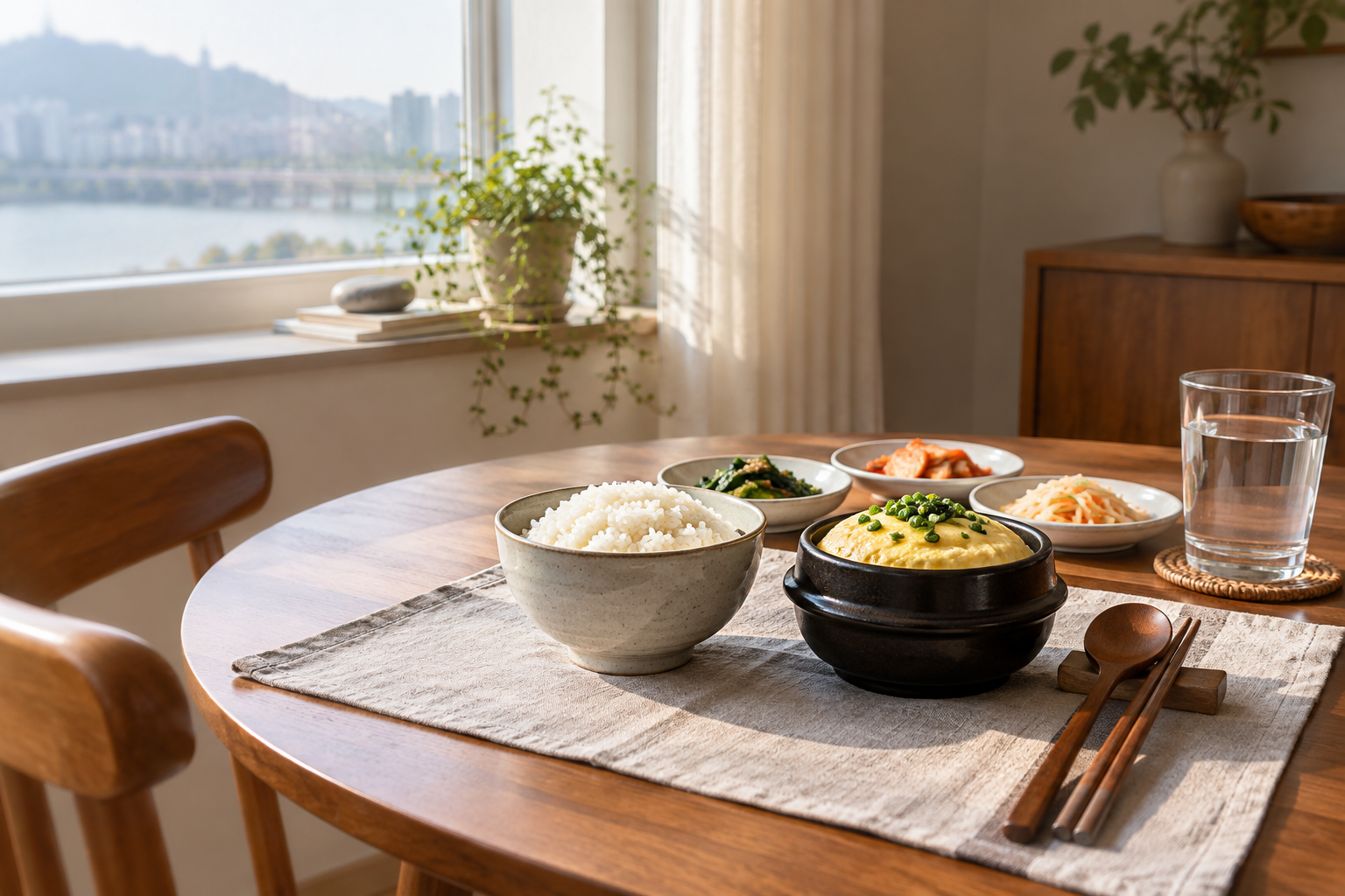 밥과 달걀찜, 채소 반찬, 물을 차린 아침 식탁