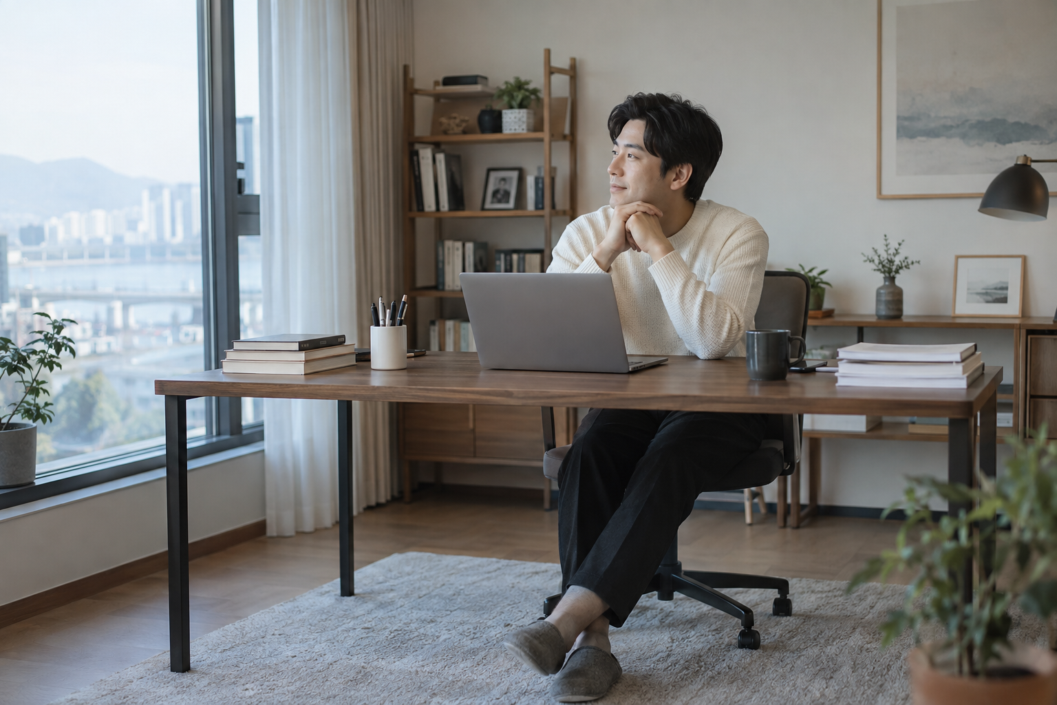 집 안 책상에 앉아 컴퓨터 작업 중 잠시 쉬는 남성