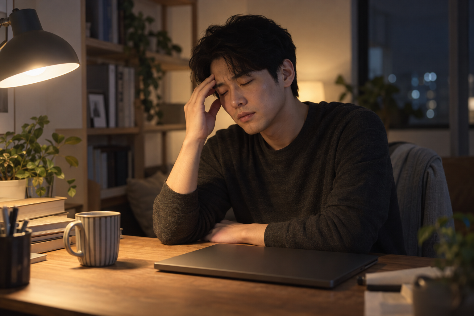 저녁 책상 앞에서 눈을 감고 관자놀이에 손을 댄 남성