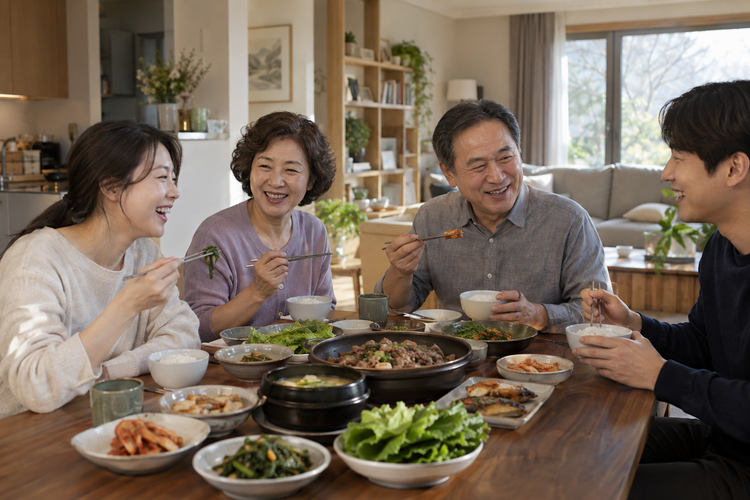 밥과 여러 반찬을 나누며 웃는 두 세대의 가족