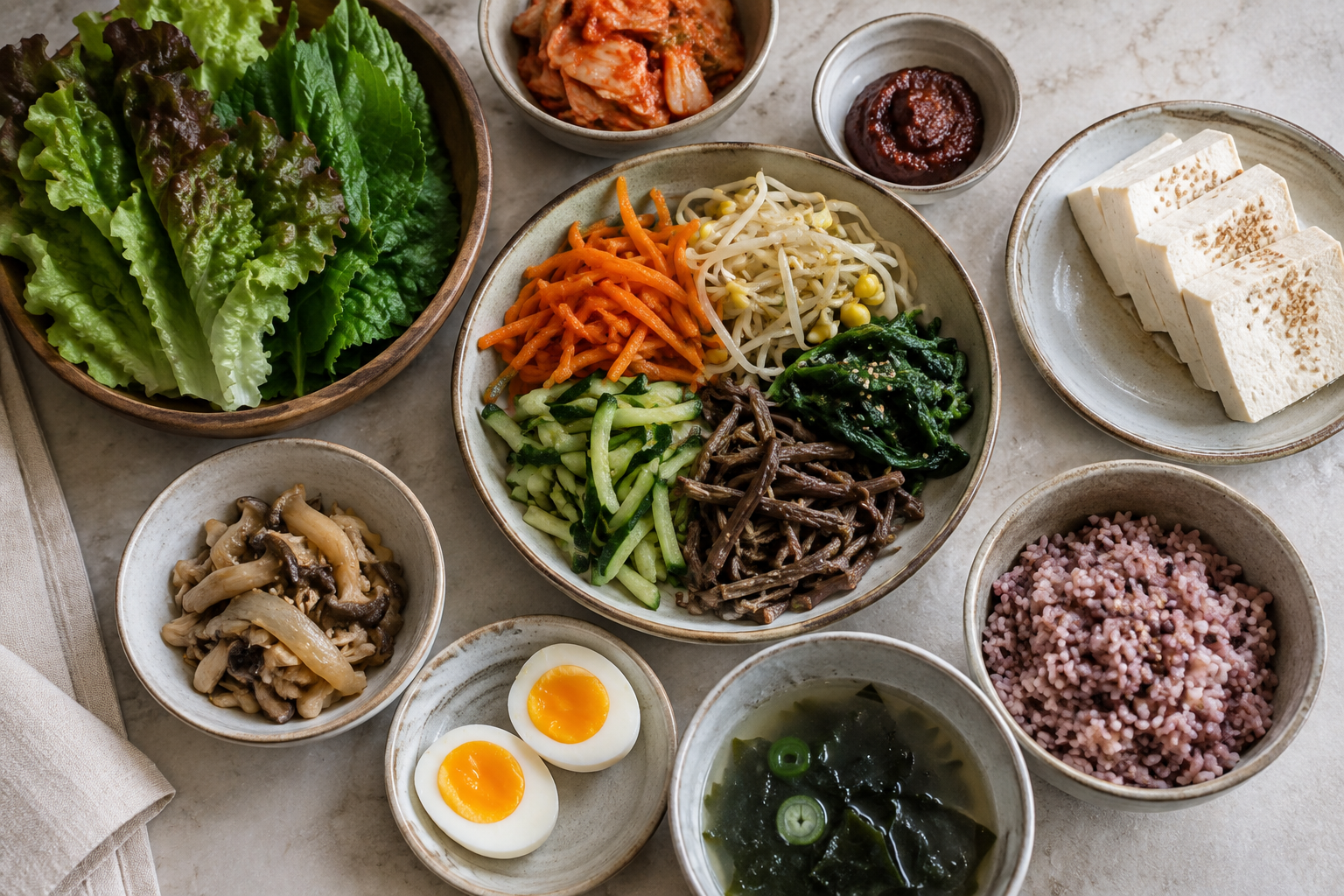밥과 두부, 달걀, 쌈채소와 나물로 구성한 한 끼