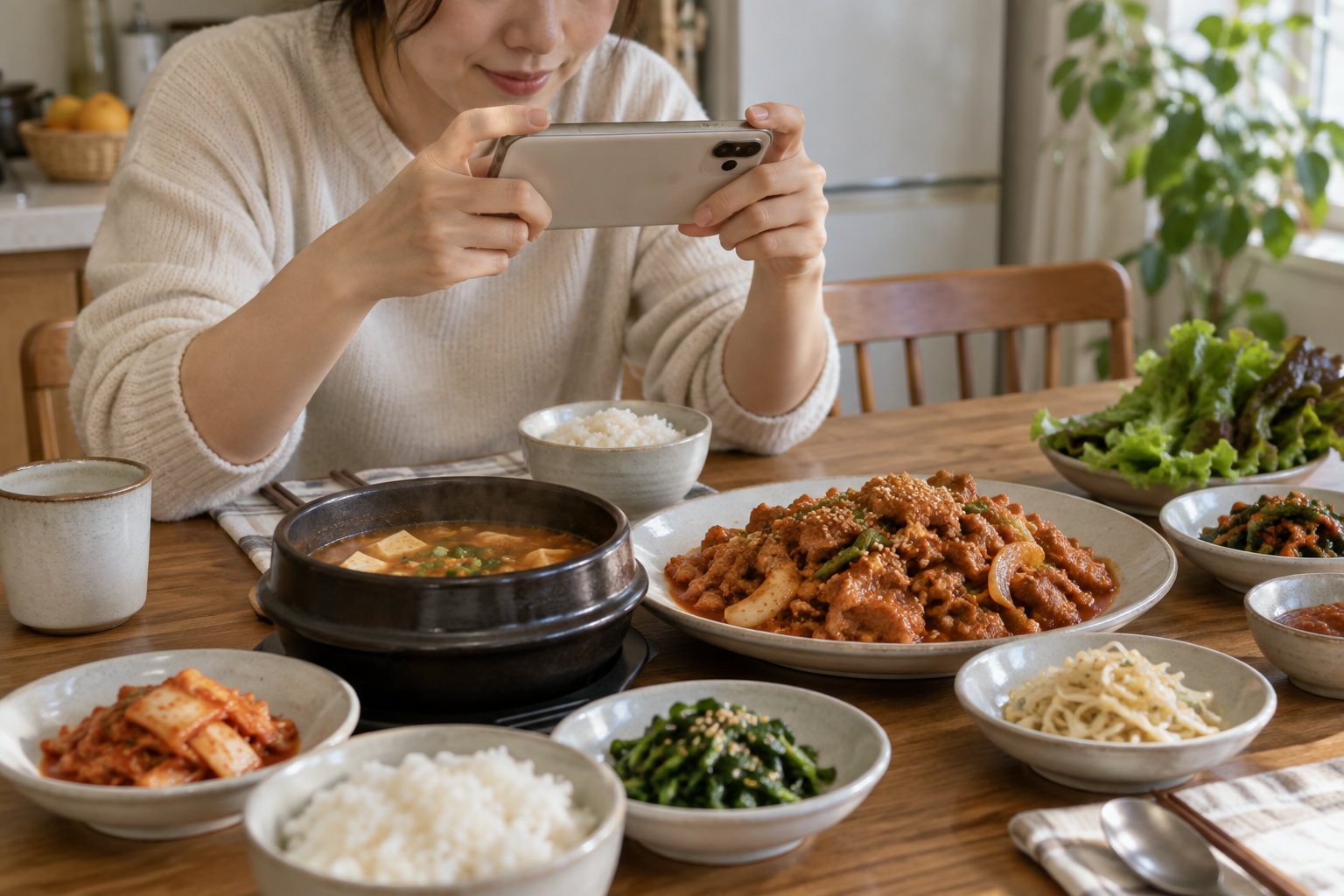한식 식탁을 휴대전화로 촬영하는 여성