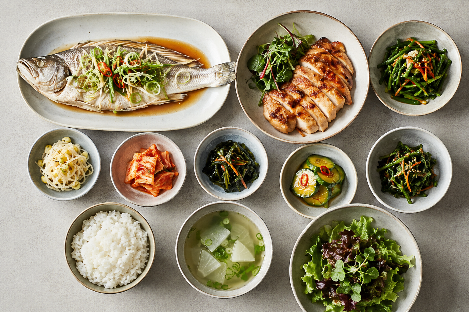 생선구이와 닭고기, 채소 반찬으로 구성한 균형 잡힌 식탁