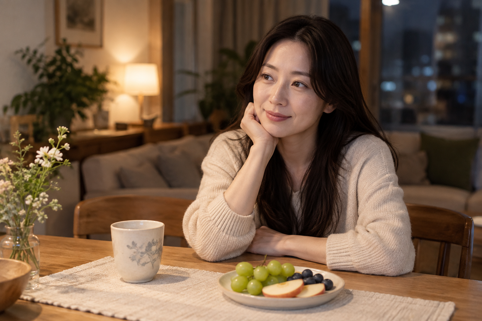 과일 접시 앞에서 턱을 괴고 잠시 생각하는 여성