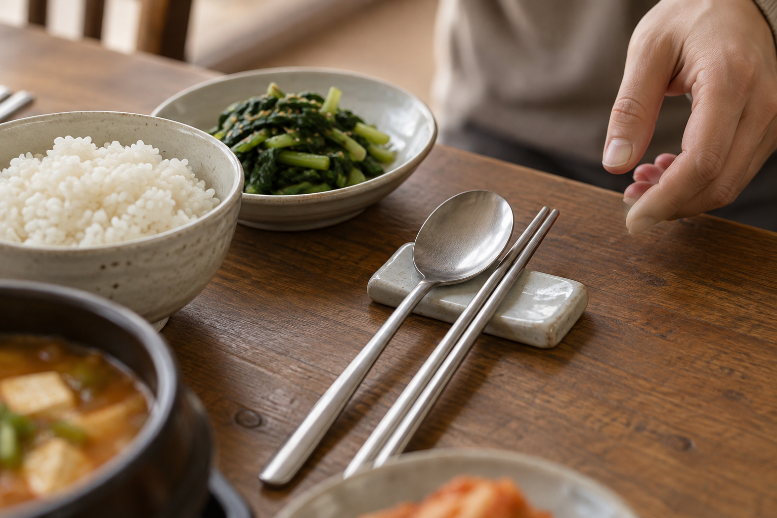 밥과 나물 옆 도자기 받침에 내려놓은 숟가락과 젓가락
