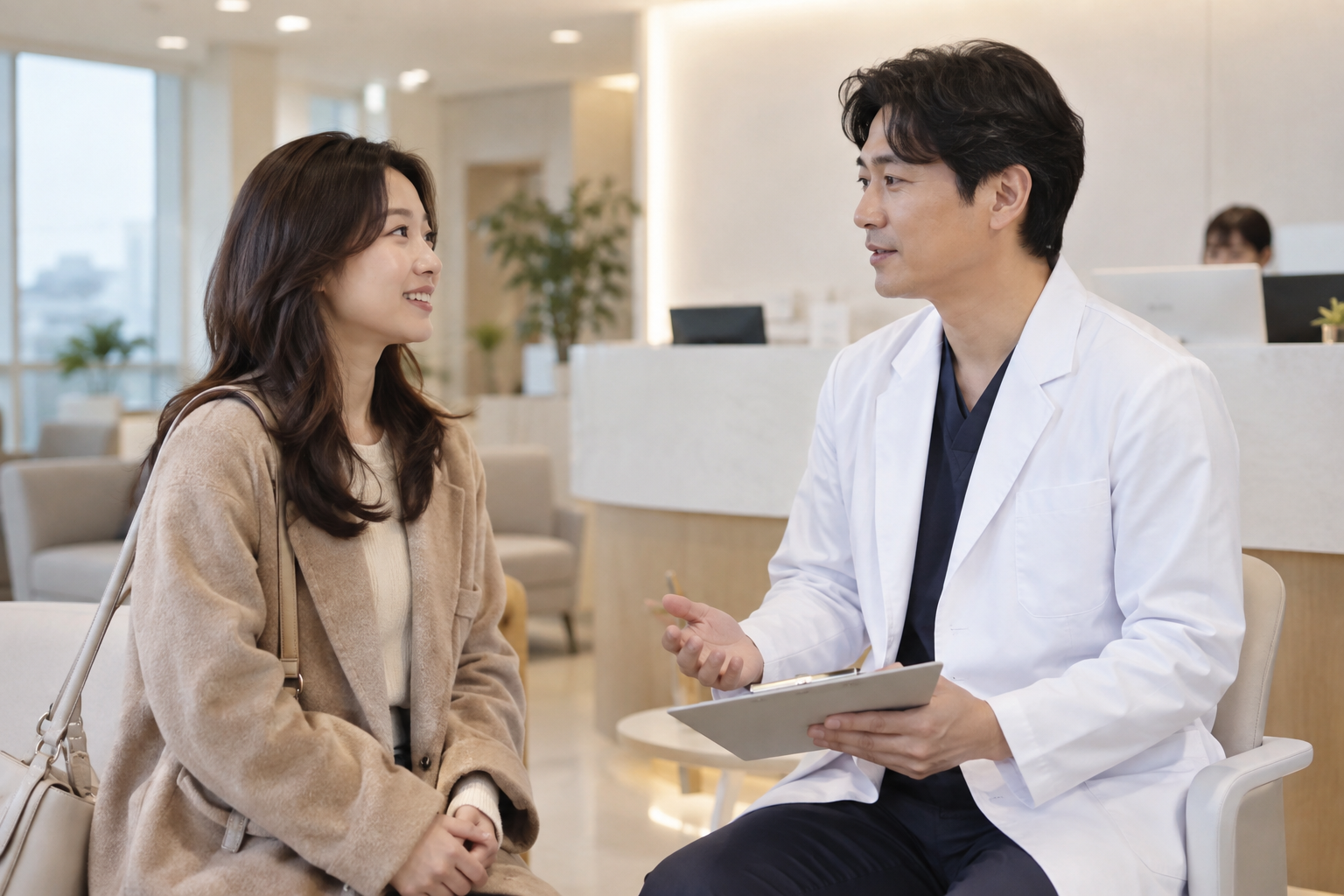 밝은 진료 공간에서 의료진과 이야기하는 여성