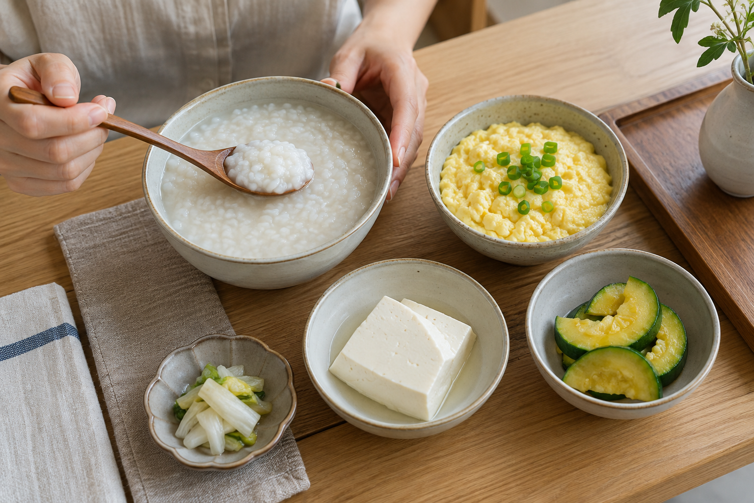 죽과 달걀 요리, 두부, 익힌 채소를 담은 식사