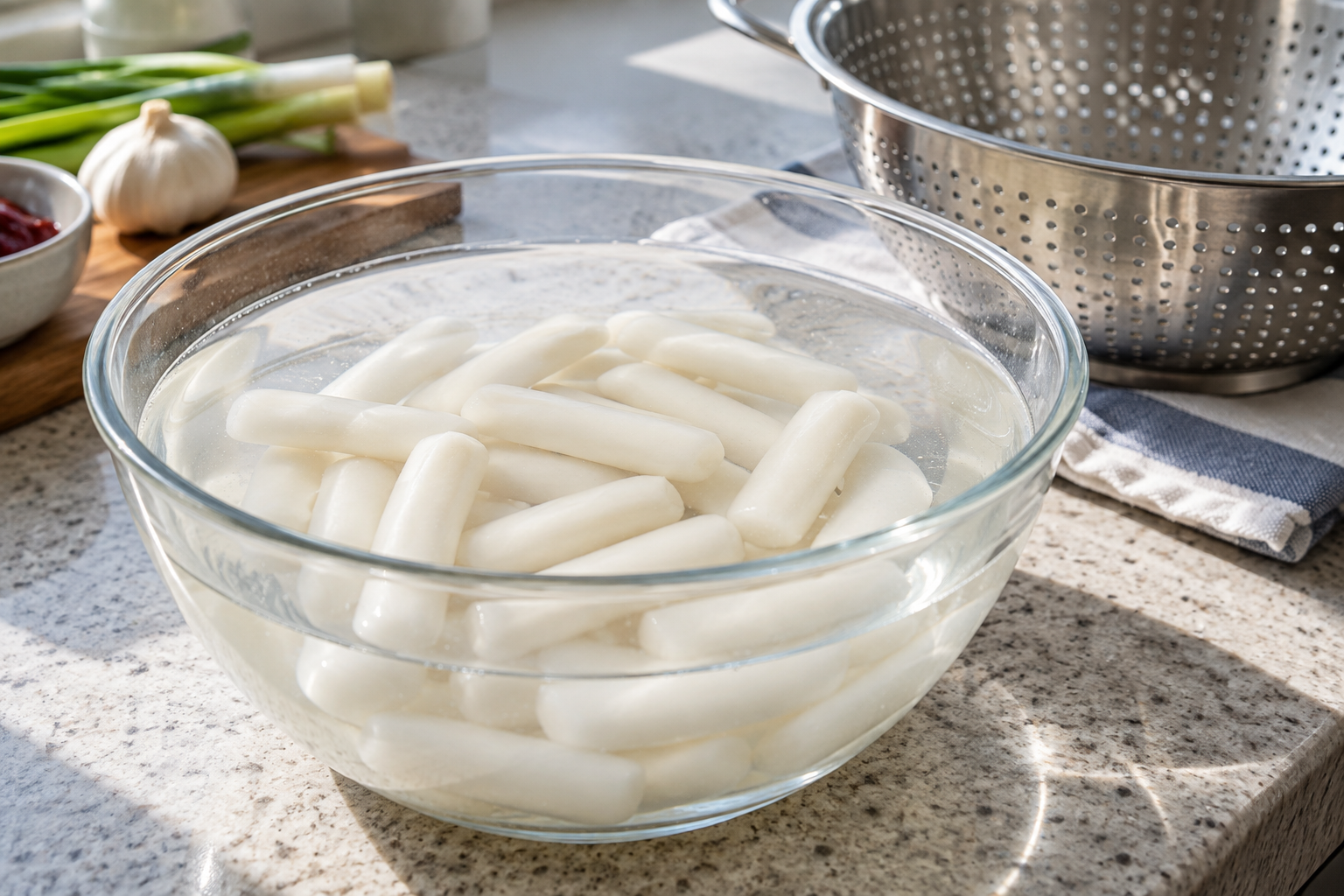 투명한 유리 볼의 물에 담가둔 흰 떡볶이 떡