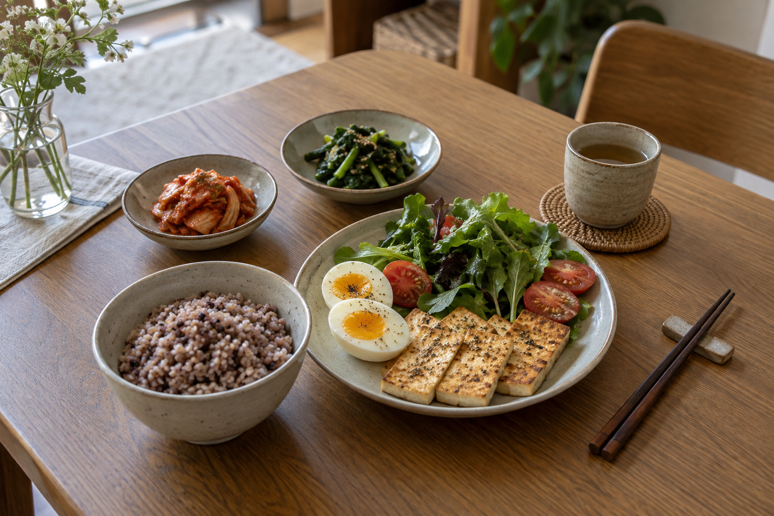 잡곡밥에 두부구이와 달걀, 토마토와 잎채소를 곁들인 식탁