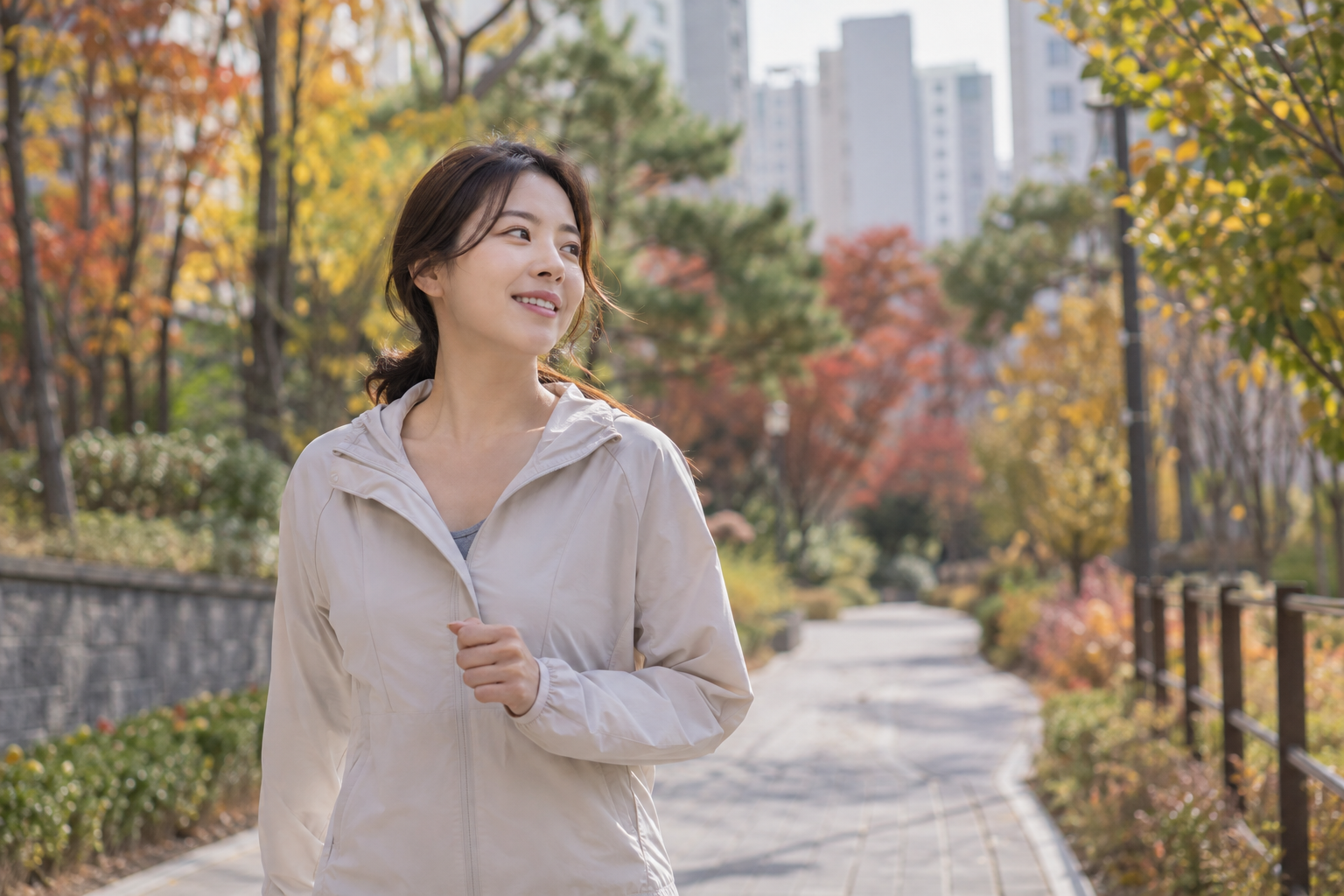 가벼운 겉옷을 입고 가을 주거지 산책길을 걷는 여성