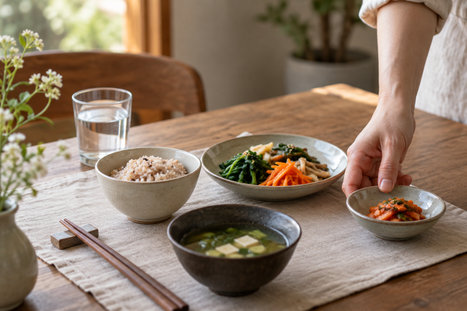 밥과 채소 반찬, 물이 놓인 식탁에 작은 반찬 접시를 놓는 손