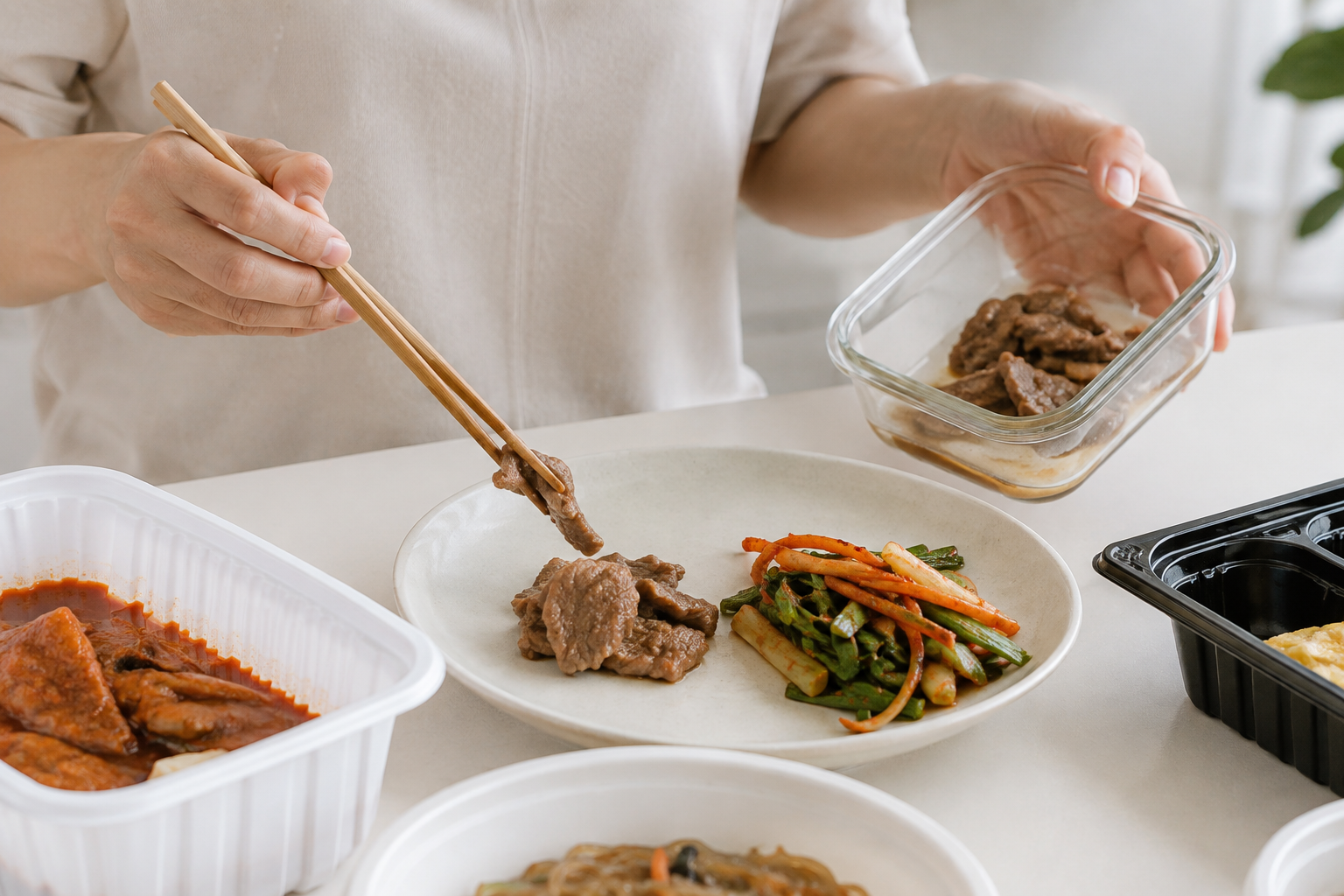 배달 음식을 접시와 보관 용기에 나누어 담는 모습