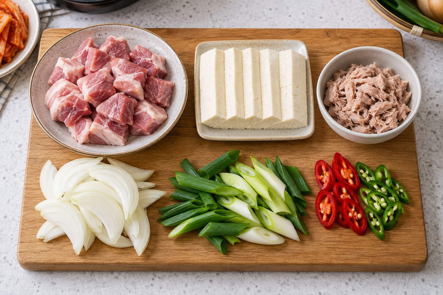 돼지고기와 두부, 참치, 채소를 정돈한 김치찌개 재료