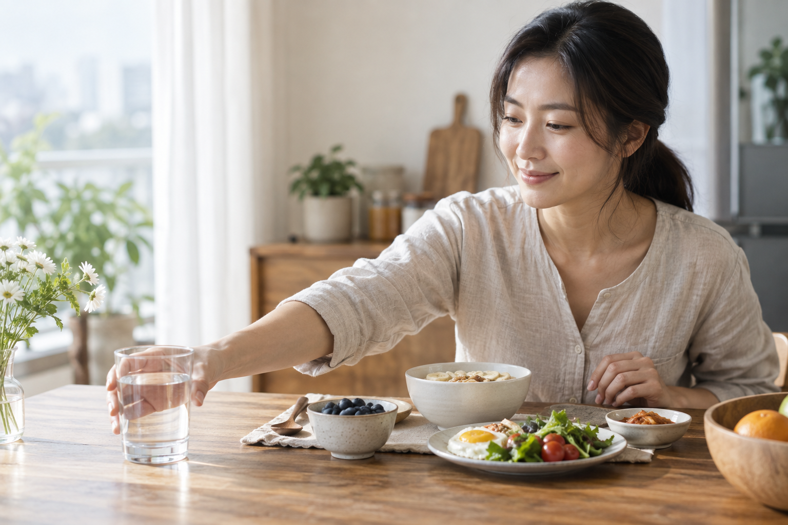 아침 식사와 함께 물잔을 챙기는 모습