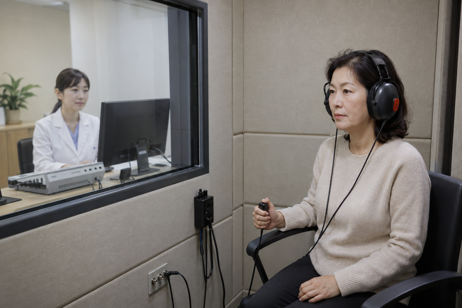 방음 검사실에서 청력검사용 헤드폰을 착용한 여성