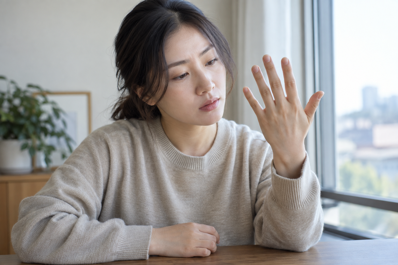창가에서 펼친 손의 손가락을 살펴보는 모습