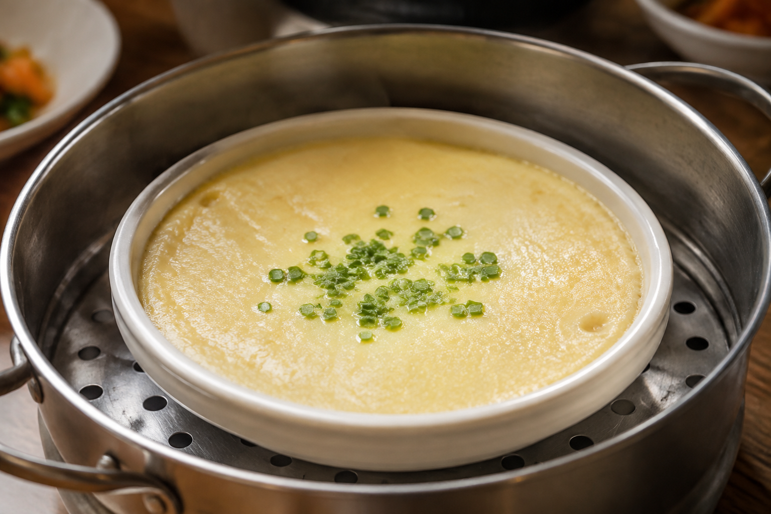 찜기 안의 흰 그릇에 담긴 파 고명 달걀찜