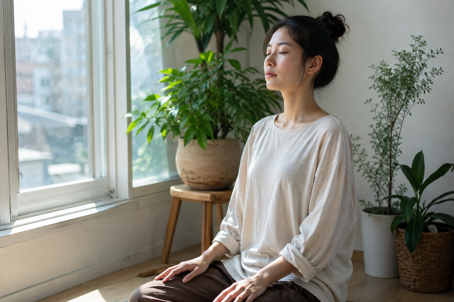 햇빛이 드는 창가에 앉아 눈을 감고 호흡을 가다듬는 여성