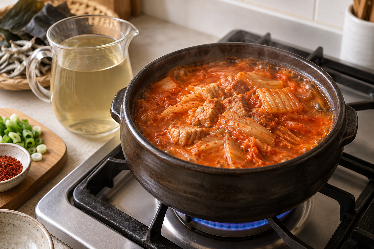 육수와 함께 끓고 있는 뚝배기 김치찌개