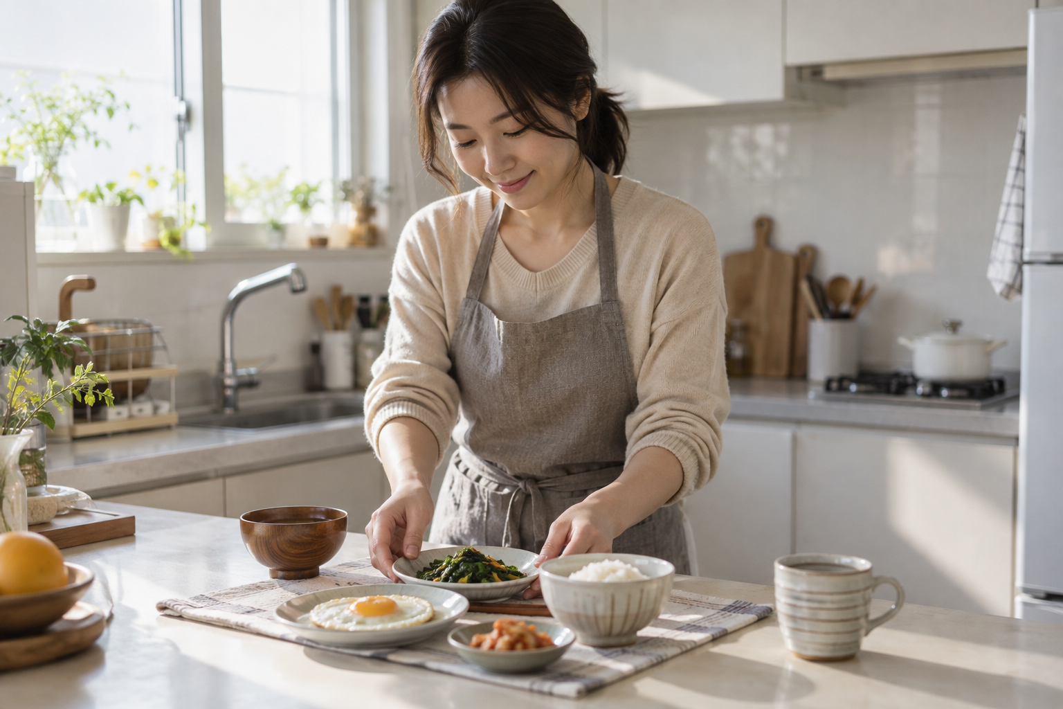 밥과 달걀, 나물을 준비하는 아침 주방의 여성