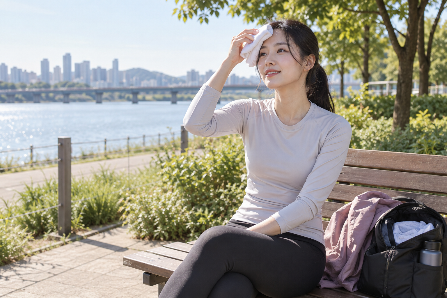 강변 벤치에서 겉옷을 벗어두고 수건으로 이마의 땀을 닦는 여성