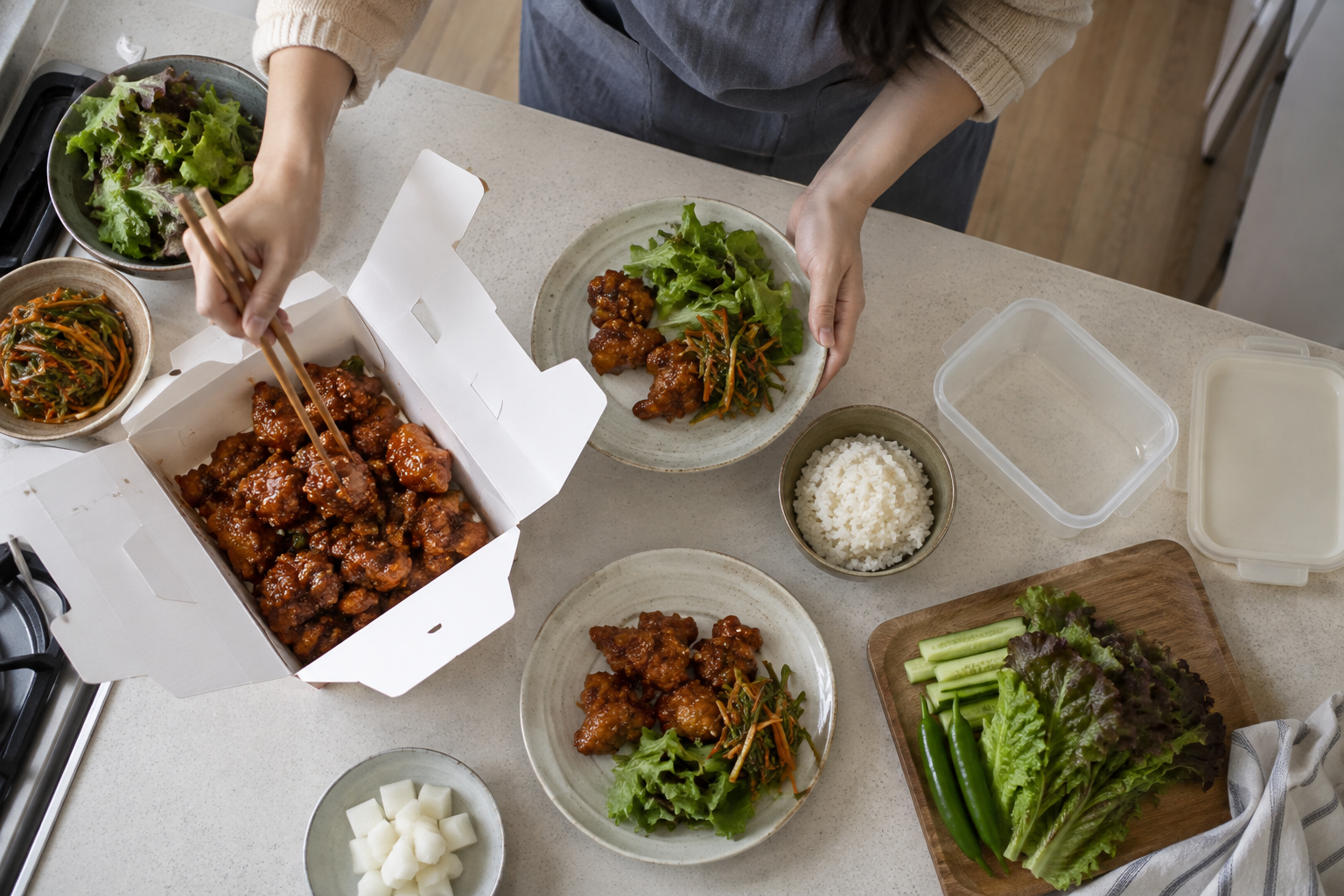 배달 치킨을 채소와 함께 접시에 덜고 보관 용기를 준비하는 모습