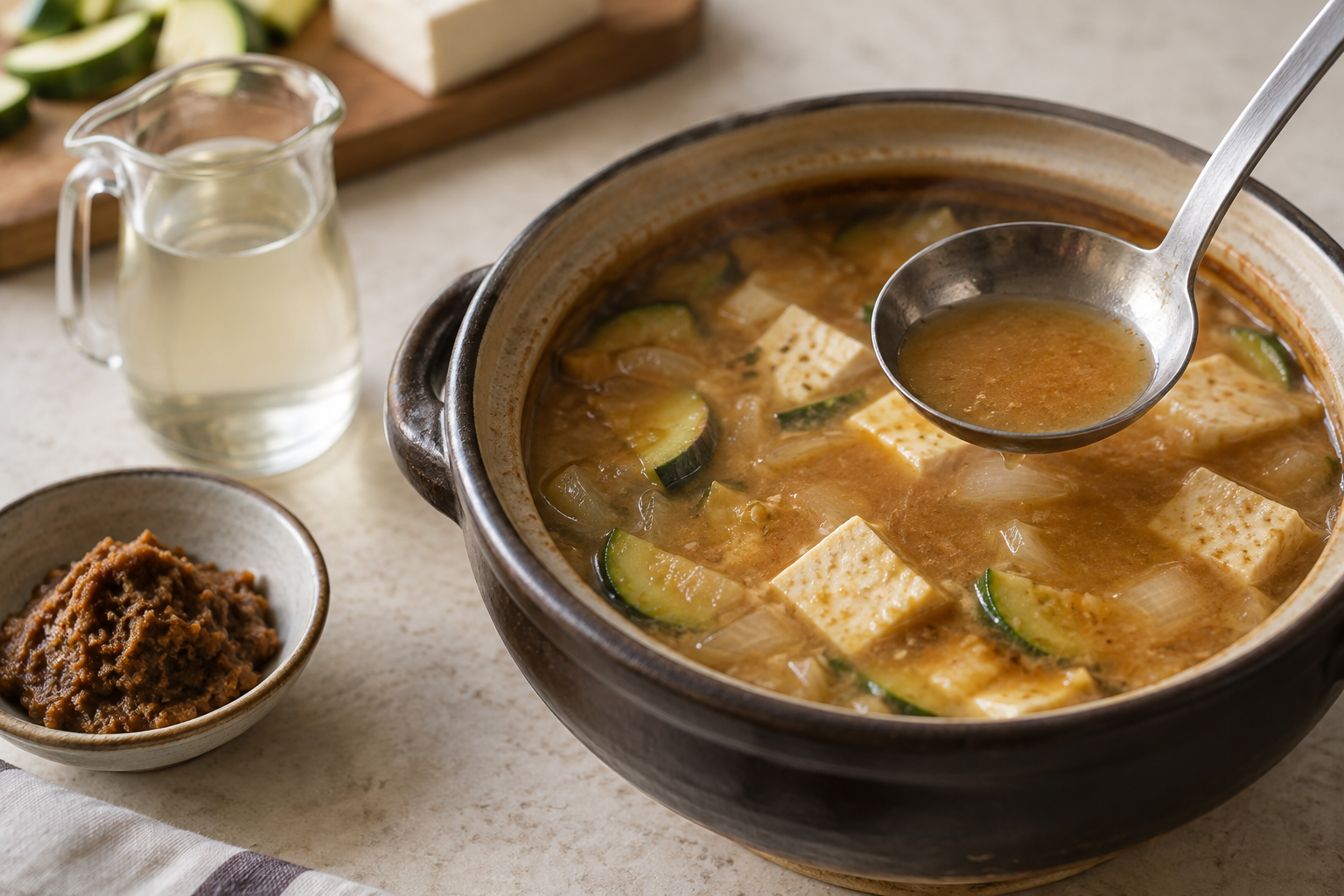 된장찌개 국물을 담은 국자와 옆에 준비한 맑은 육수