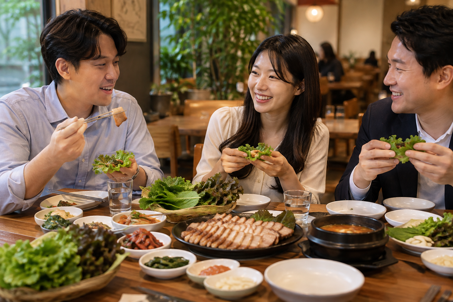 개인 접시와 쌈채소를 곁들여 식사하는 한국인 동료들