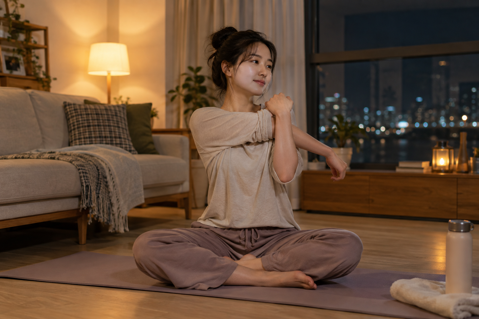 밤에 거실 매트에 앉아 어깨를 가볍게 스트레칭하는 여성