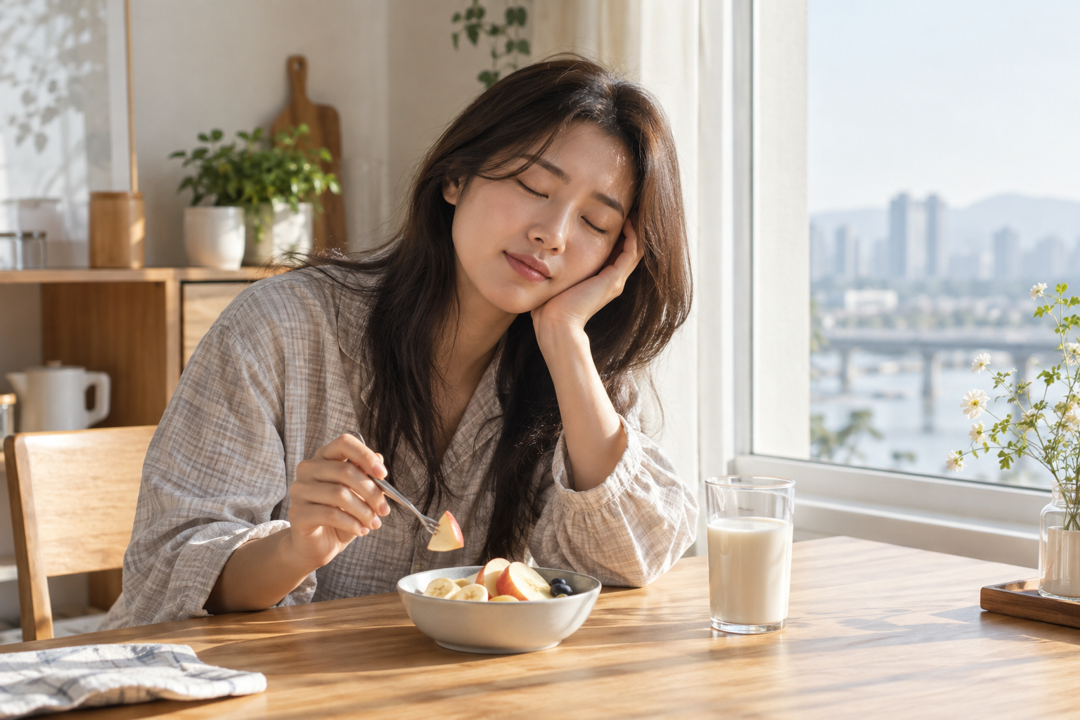창가에서 과일과 두유로 가볍게 아침을 시작하는 한국인