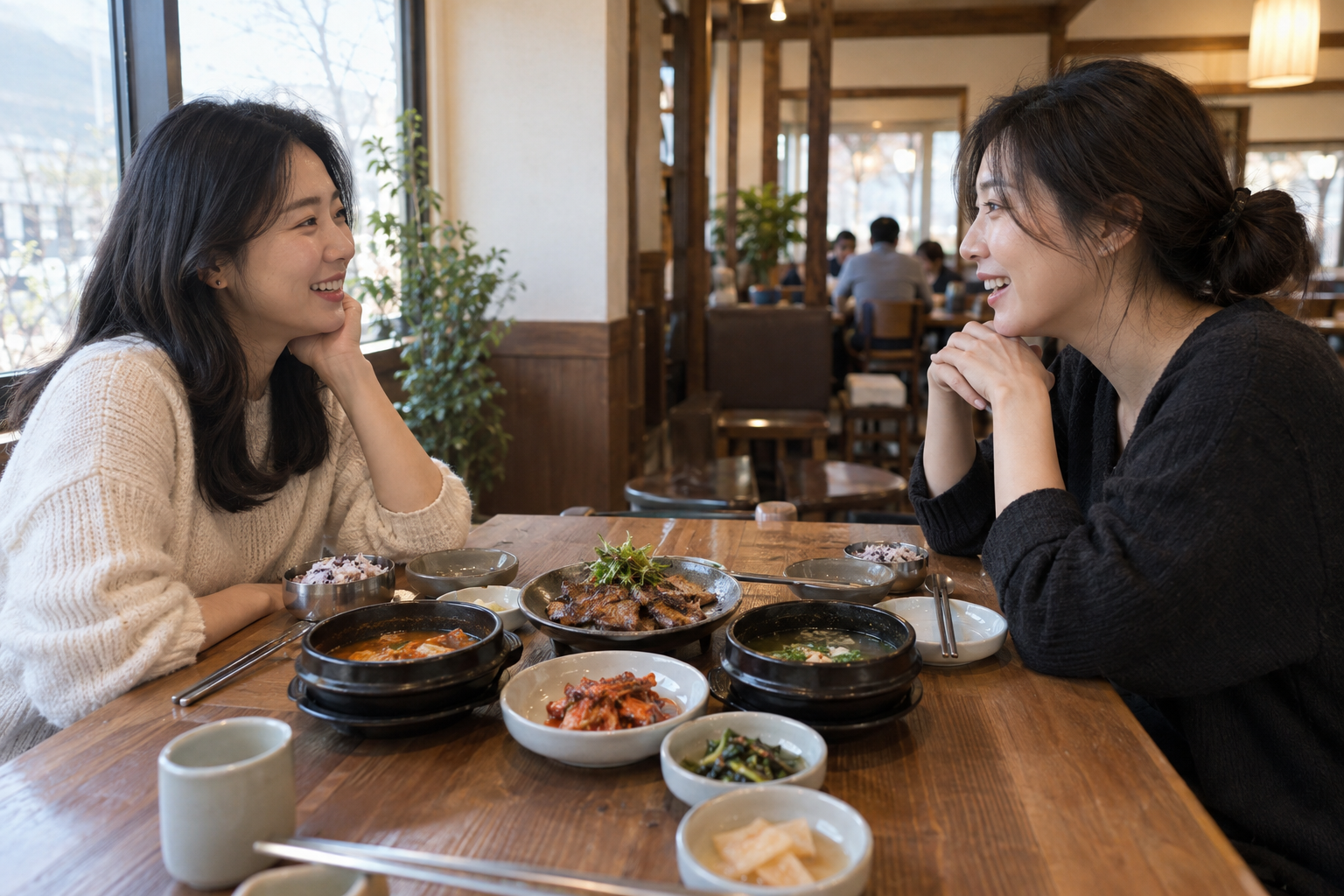 한식 식당에서 수저를 내려놓고 대화하는 두 여성