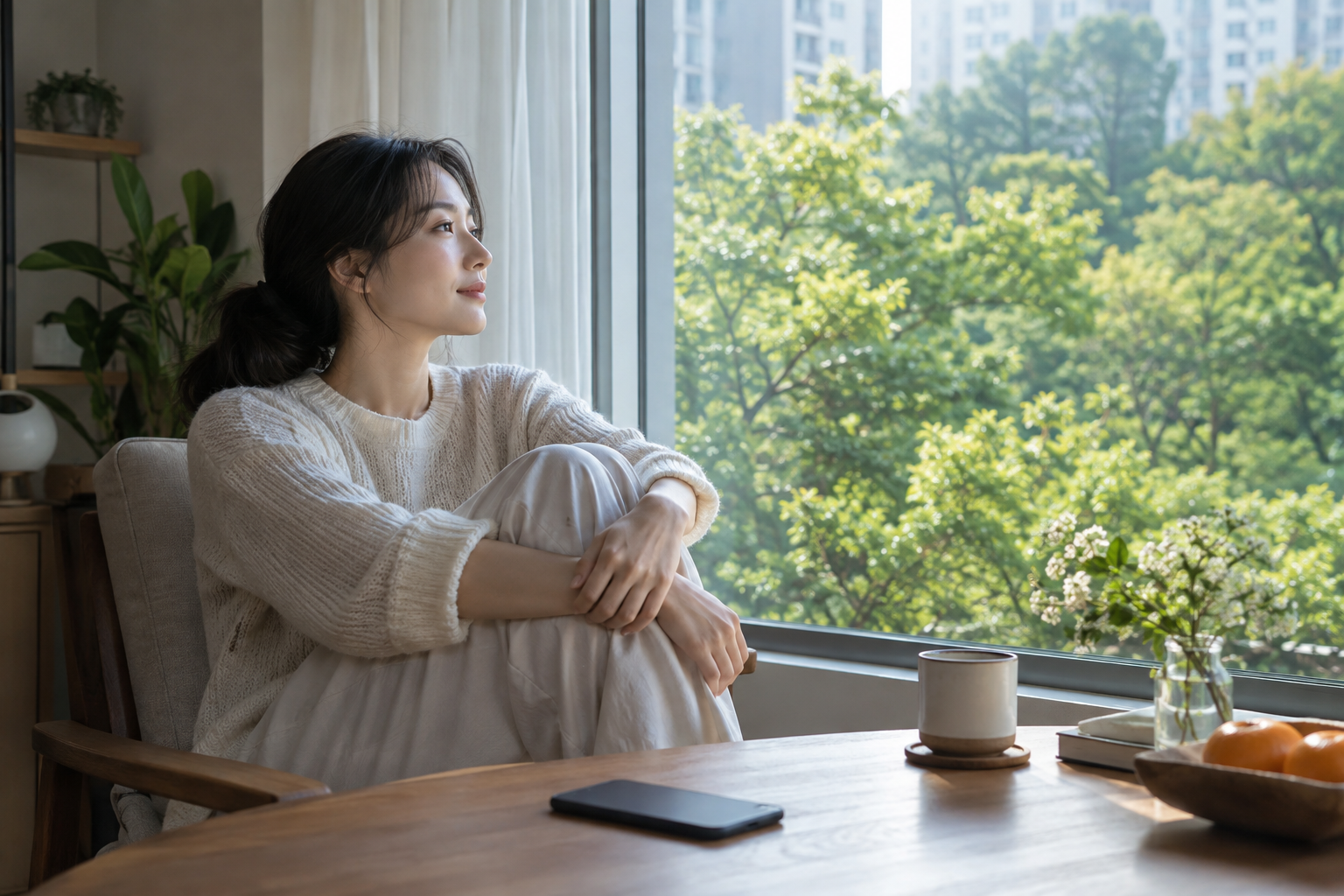 휴대전화를 내려놓고 창밖의 나무를 바라보며 쉬는 여성