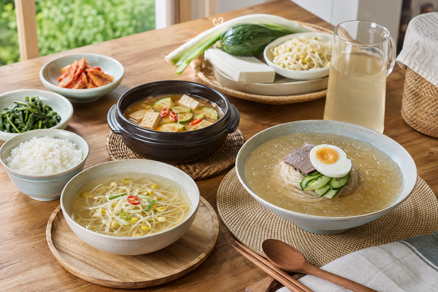육수로 만든 콩나물국과 냉국수, 된장찌개 상차림