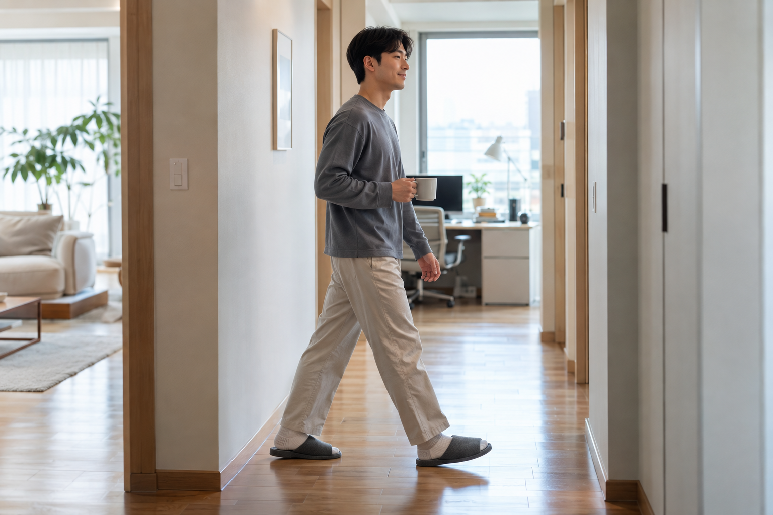 업무 중 쉬는 시간에 집 안 복도를 걷는 남성