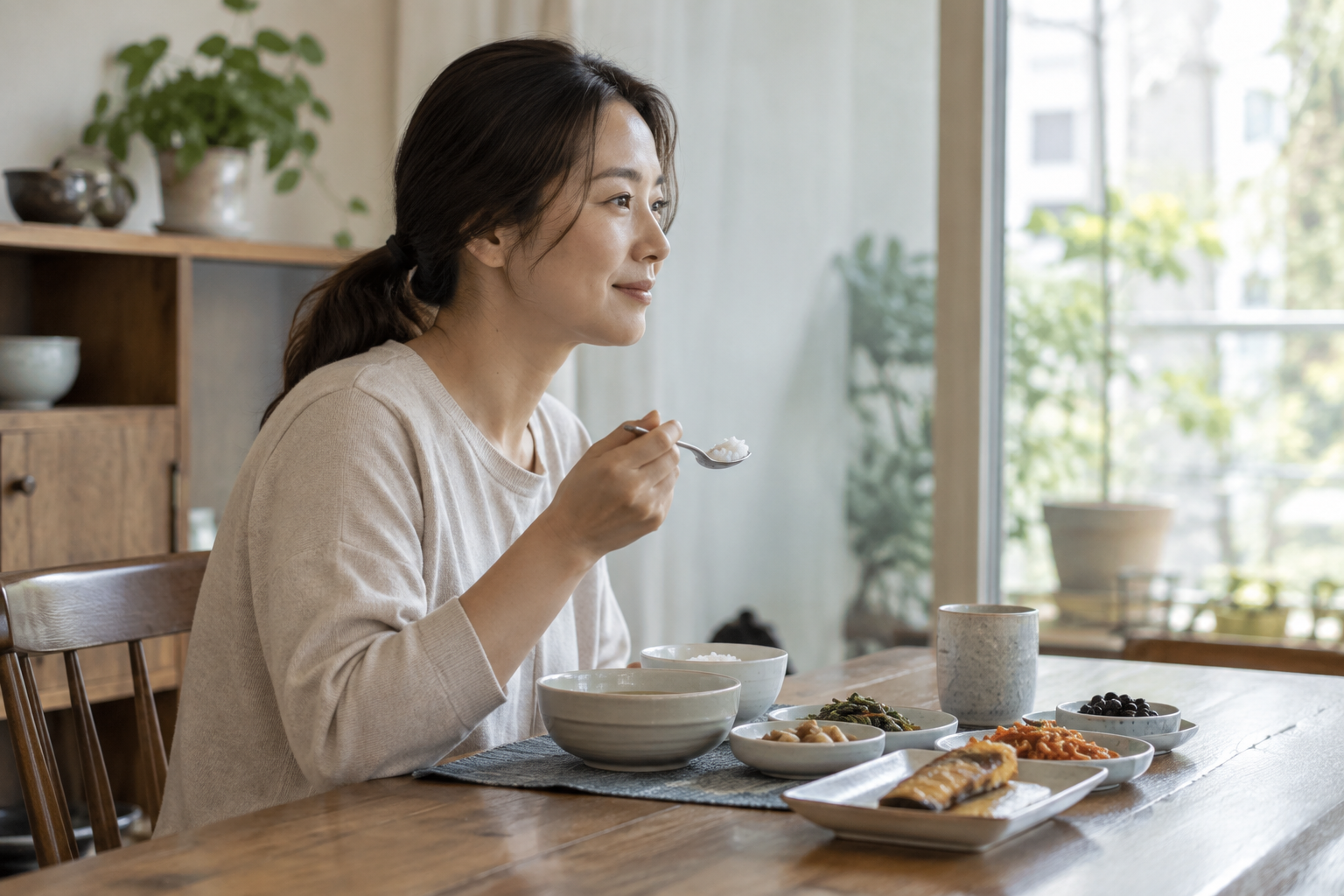 밥을 조금 담은 숟가락을 들고 식사하는 여성