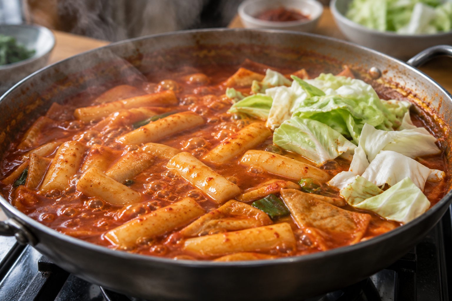 붉은 양념 국물에서 끓고 있는 떡과 한쪽에 넣은 양배추