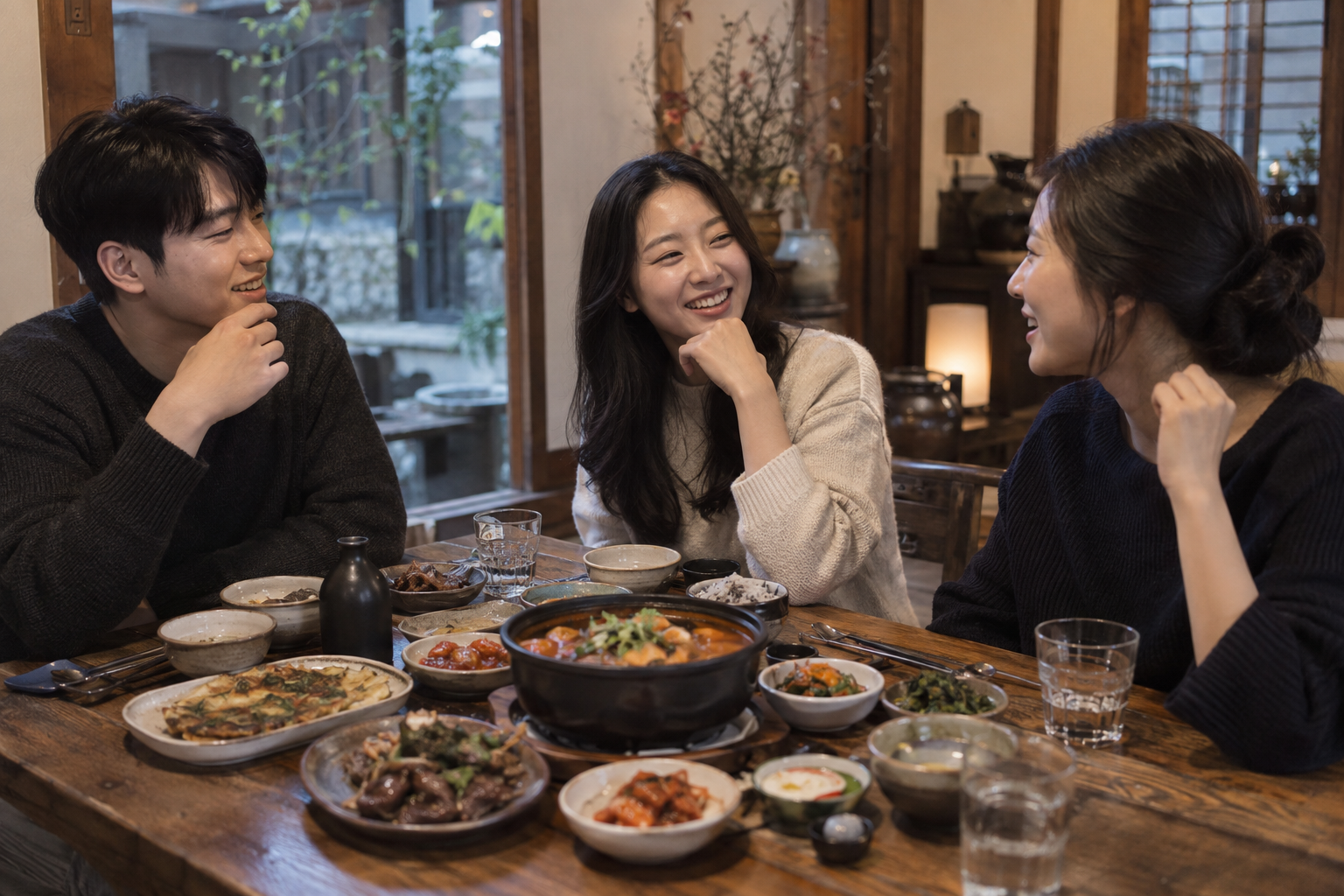 한식당에서 다양한 음식을 앞에 두고 대화하는 세 친구