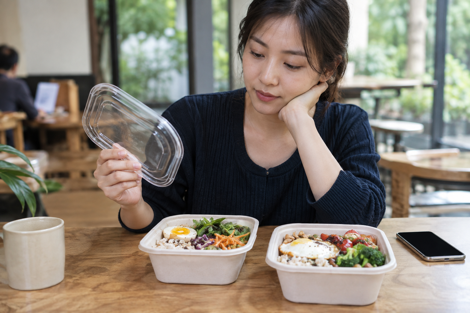 두 가지 포장 식사의 구성을 살펴보는 사람
