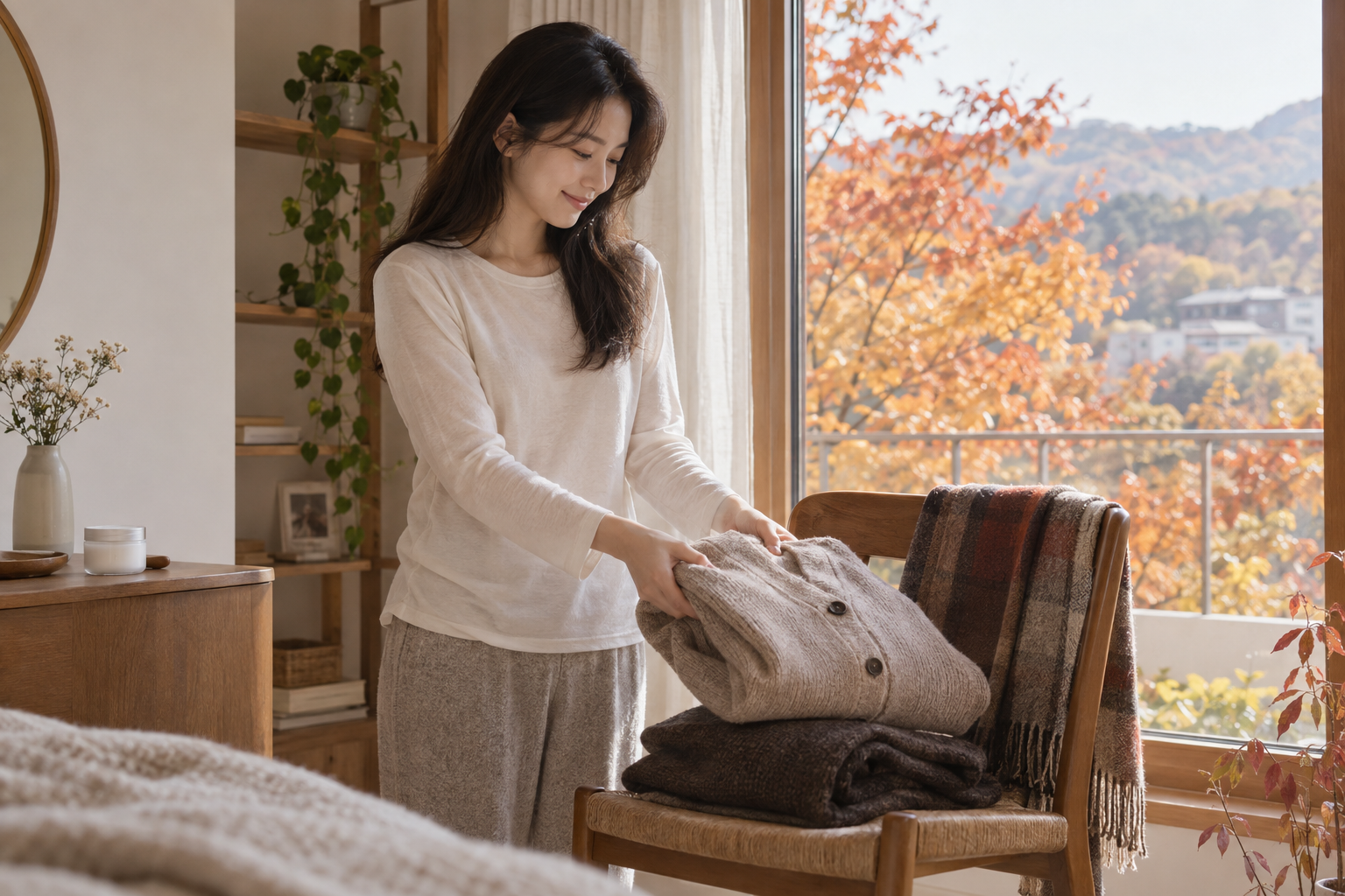 가을 창가에서 면 소재 옷을 입고 카디건을 고르는 여성